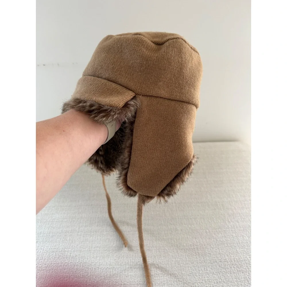 J Crew Wool Blend Faux Fur Lined Flap Trapper Winter Hat Tan Brown Gorpecore